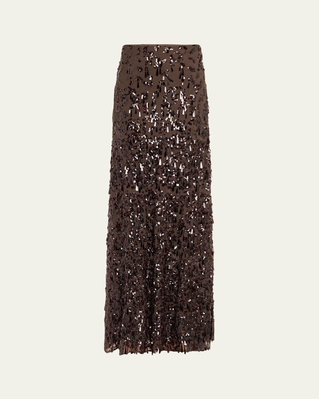 Sequined Crispy Silk Chiffon Maxi Skirt